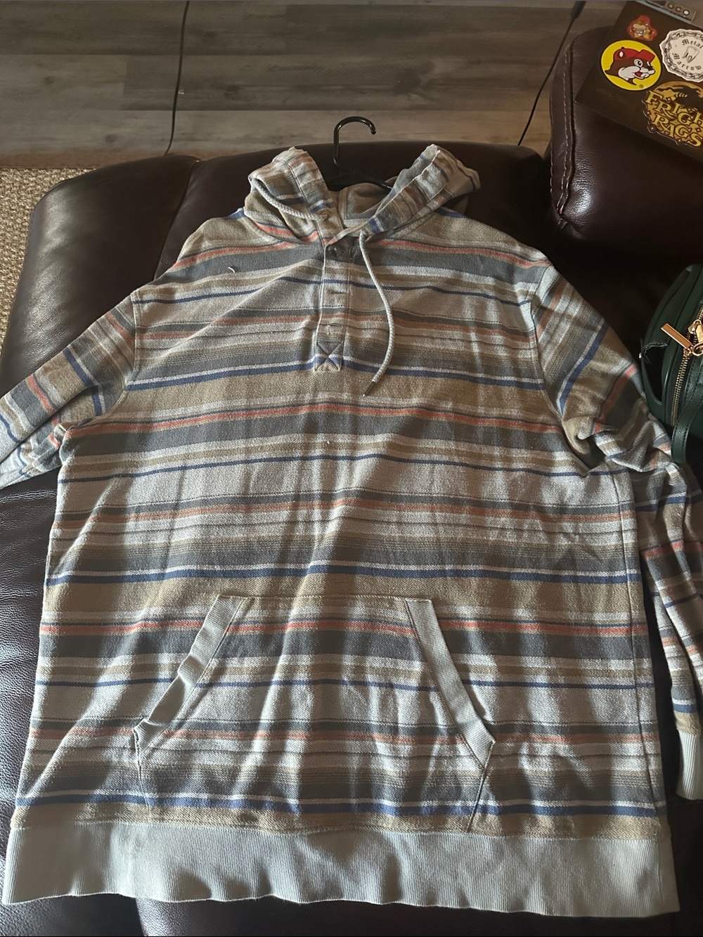 George Light Gray Hooded Pullover with Blue and Rust Stripes